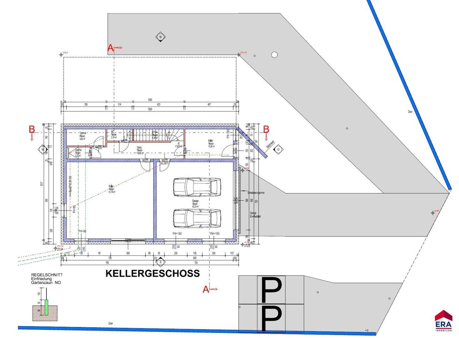 Grundriss des Kellergeschosses mit Doppelgarage und Abstellräumen.
