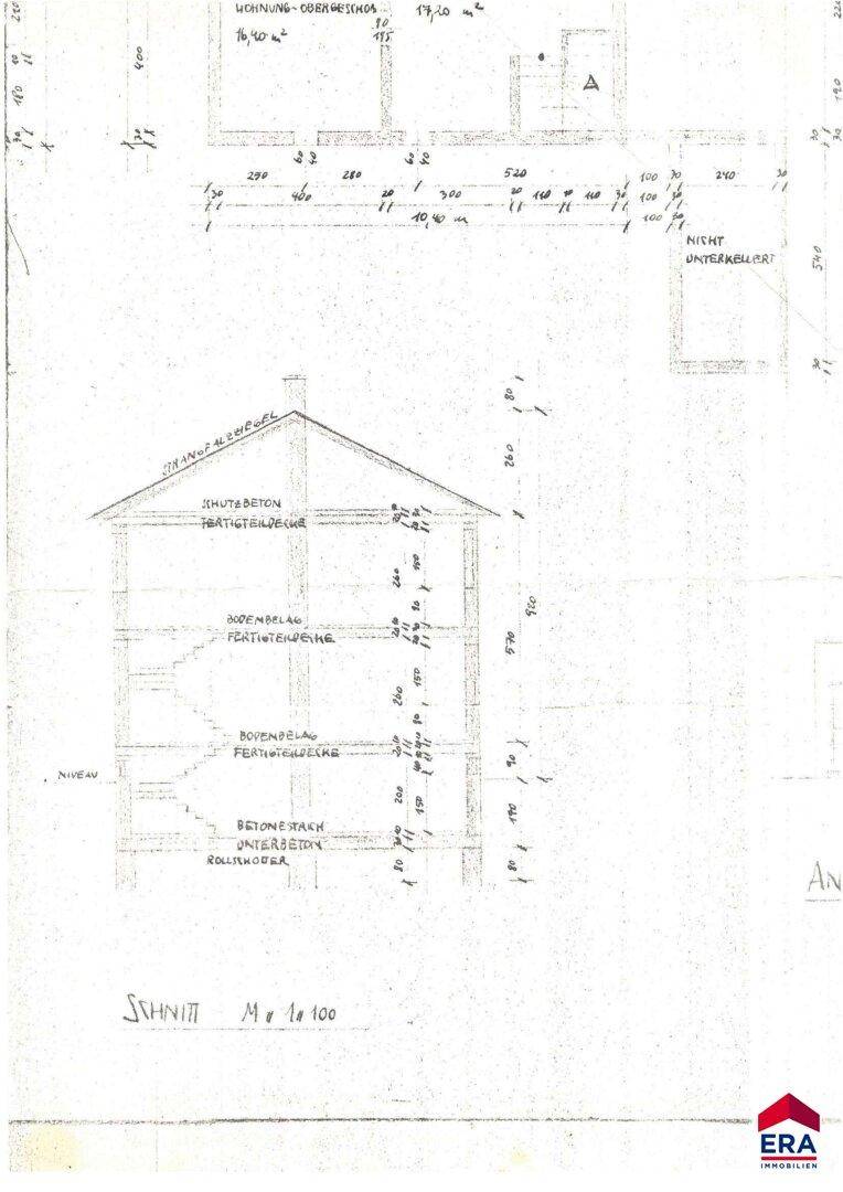 Historischer Schnittplan des Gebäudes mit Darstellung der Geschosse und Konstruktion.