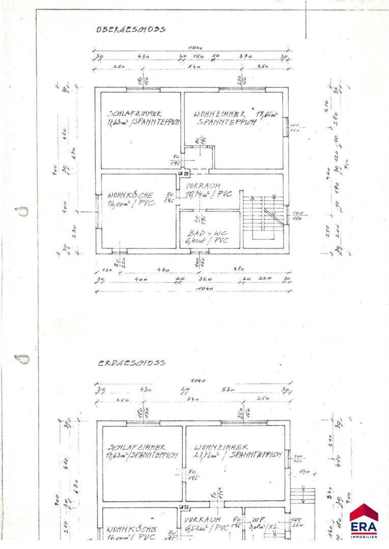 Historischer Grundriss des Obergeschosses und Erdgeschosses mit Raumaufteilung.