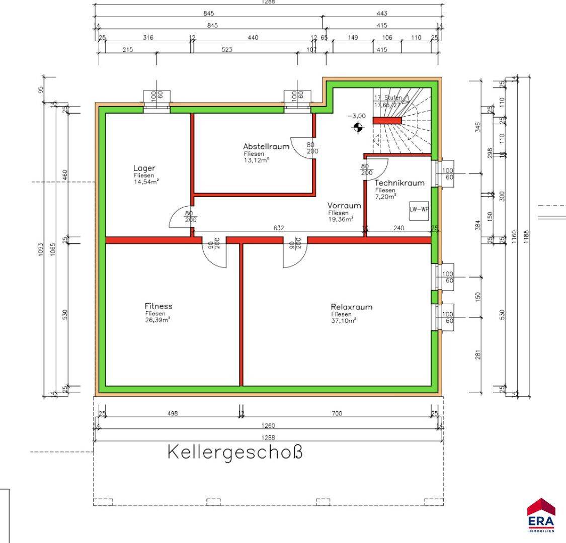 Grundriss des Kellergeschosses mit Fitnessraum, Lager und Technikraum.