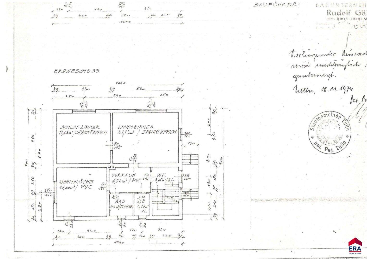 Historischer Grundriss des Erdgeschosses mit Raumaufteilung und Maßen.