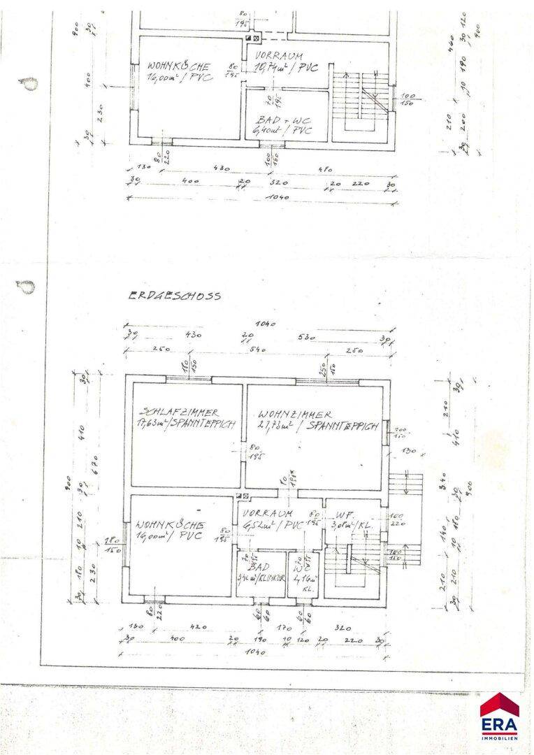 Historischer Grundriss des Obergeschosses und Erdgeschosses mit Raumaufteilung.
