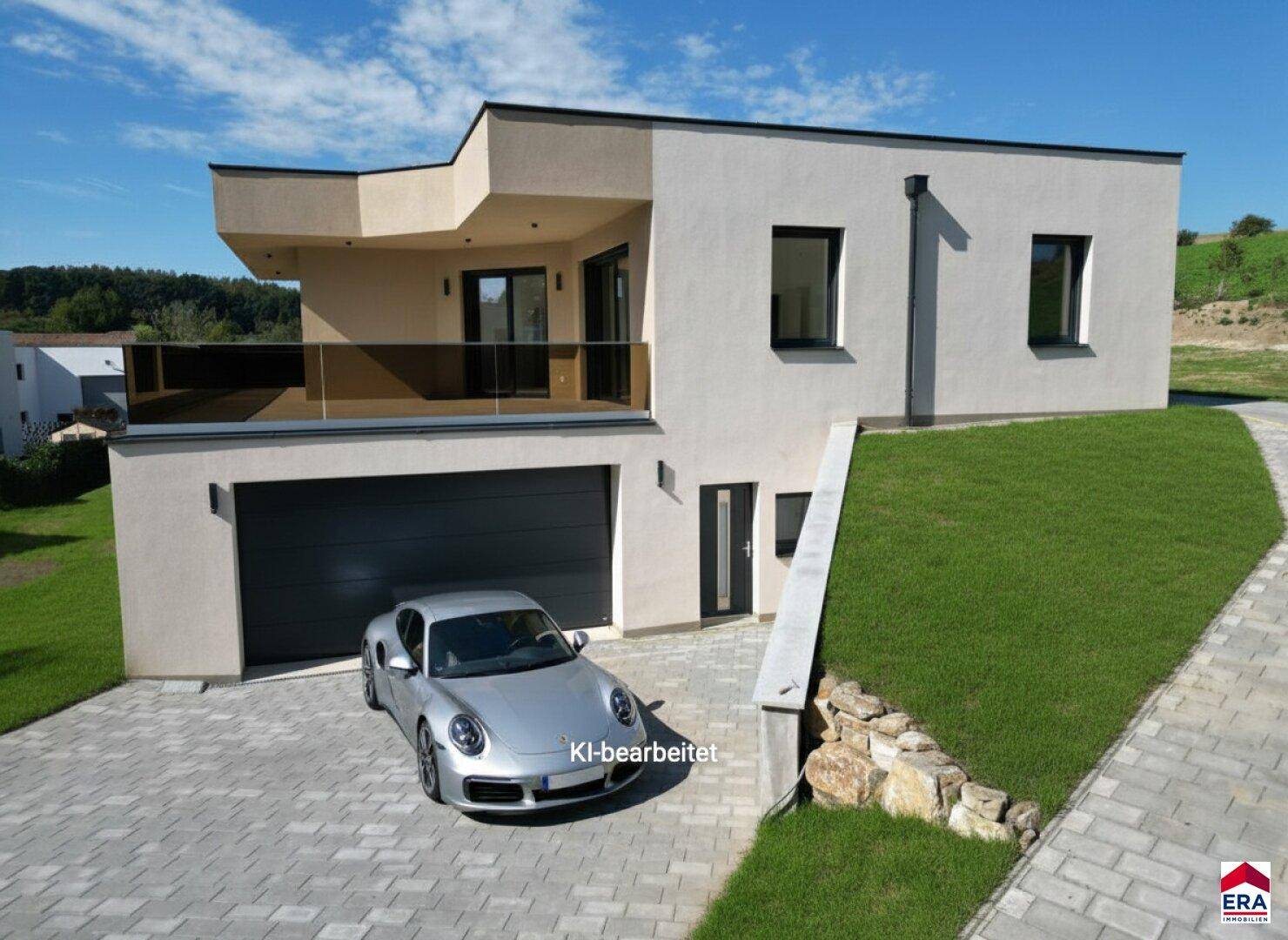 Ansicht des modernen Neubaus mit Garage, gepflasterter Auffahrt und umgebenden Grünflächen.