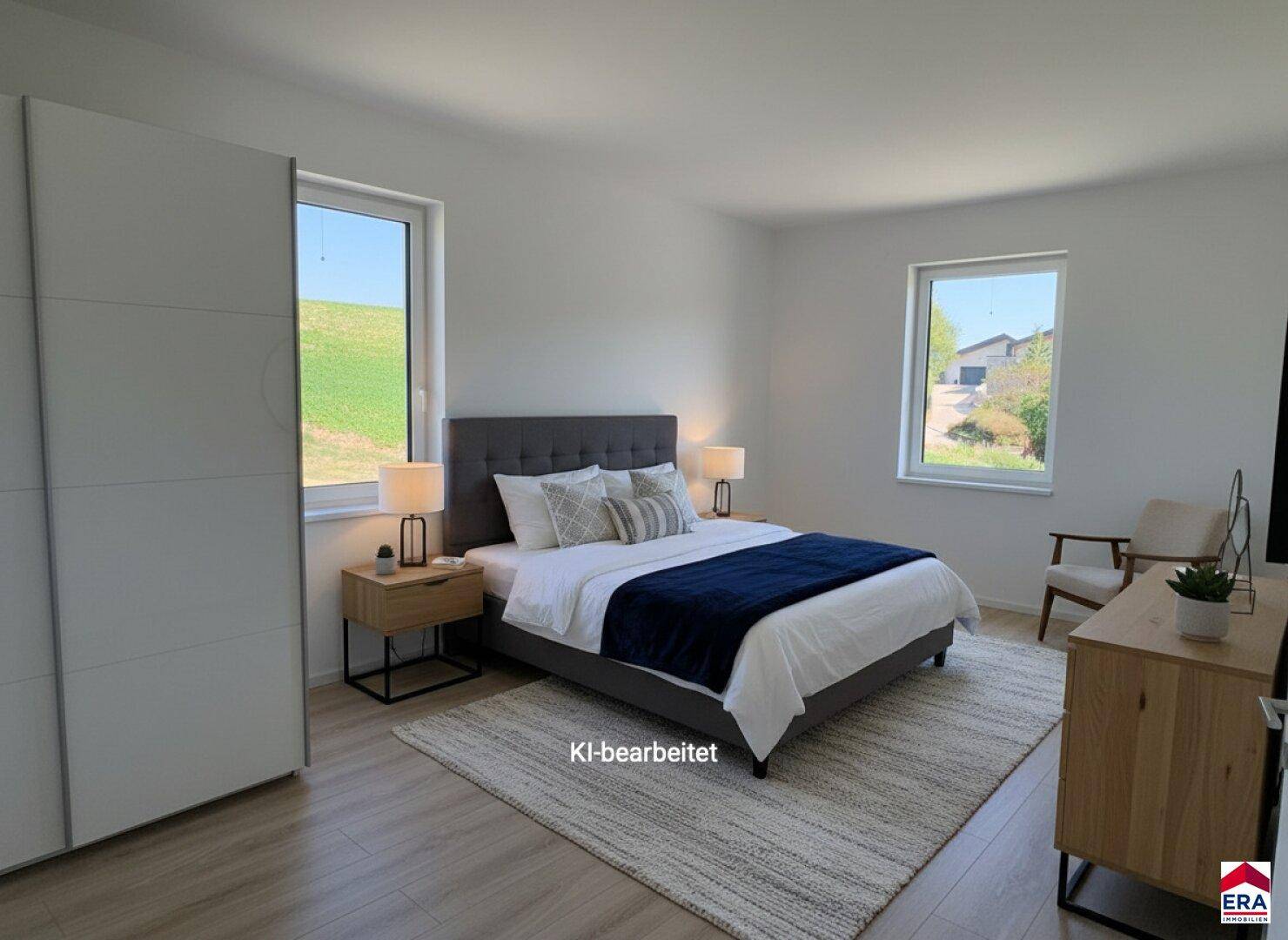 Modern eingerichtetes Schlafzimmer mit Laminatboden, Doppelbett und Blick auf die umliegende Natur.