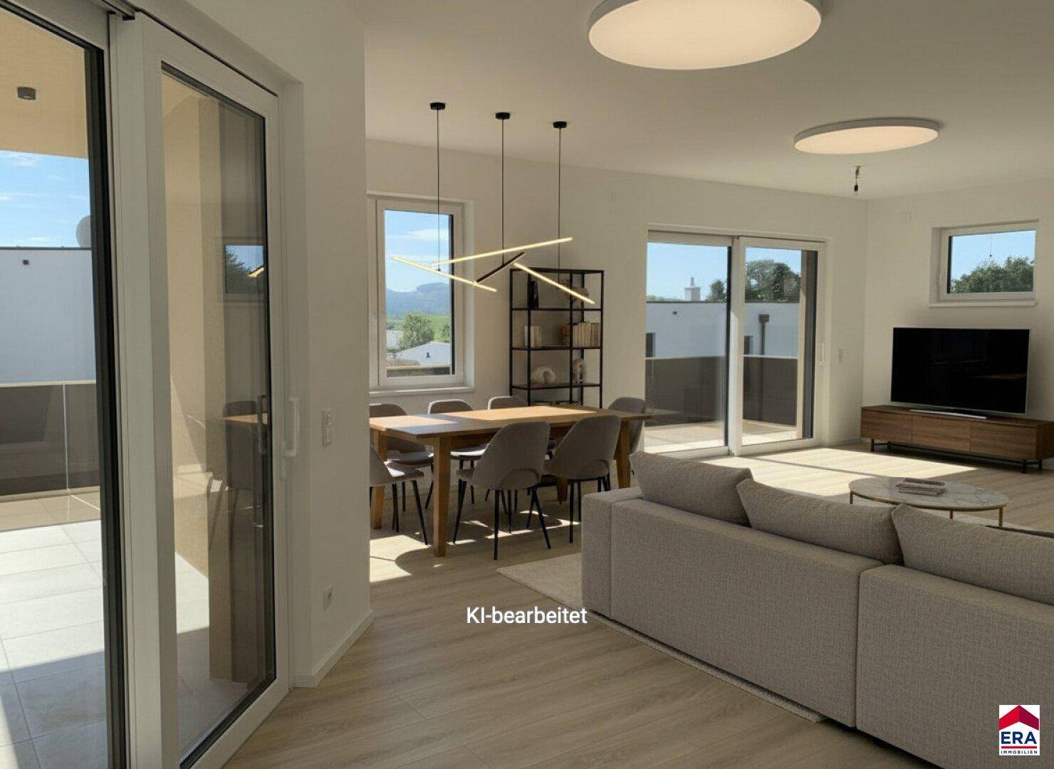 Modern eingerichteter offener Wohn- und Essbereich mit Laminatboden und viel Tageslicht.
