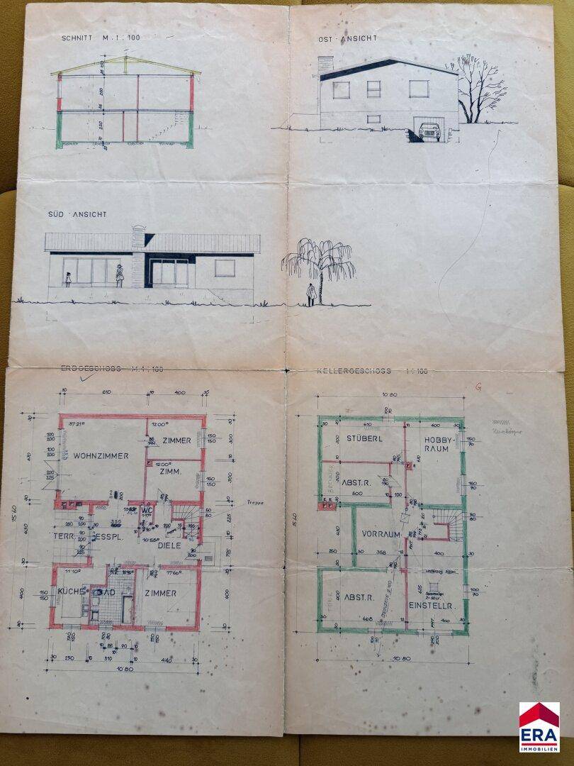 Übersicht der historischen Baupläne mit Grundrissen und Ansichten des Gebäudes.