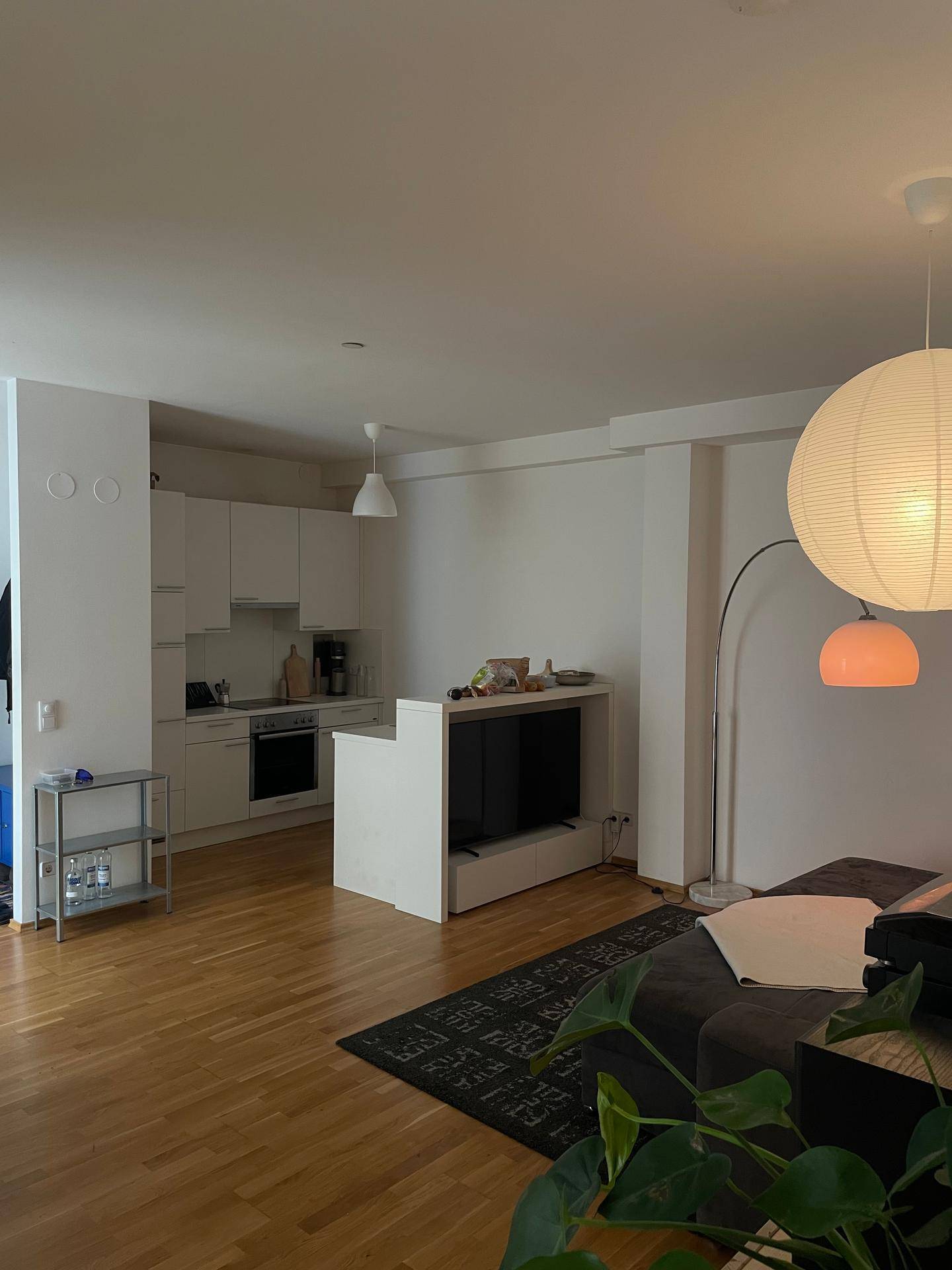 Offener Wohnbereich mit integrierter Küche, Holzboden und modernem Design.