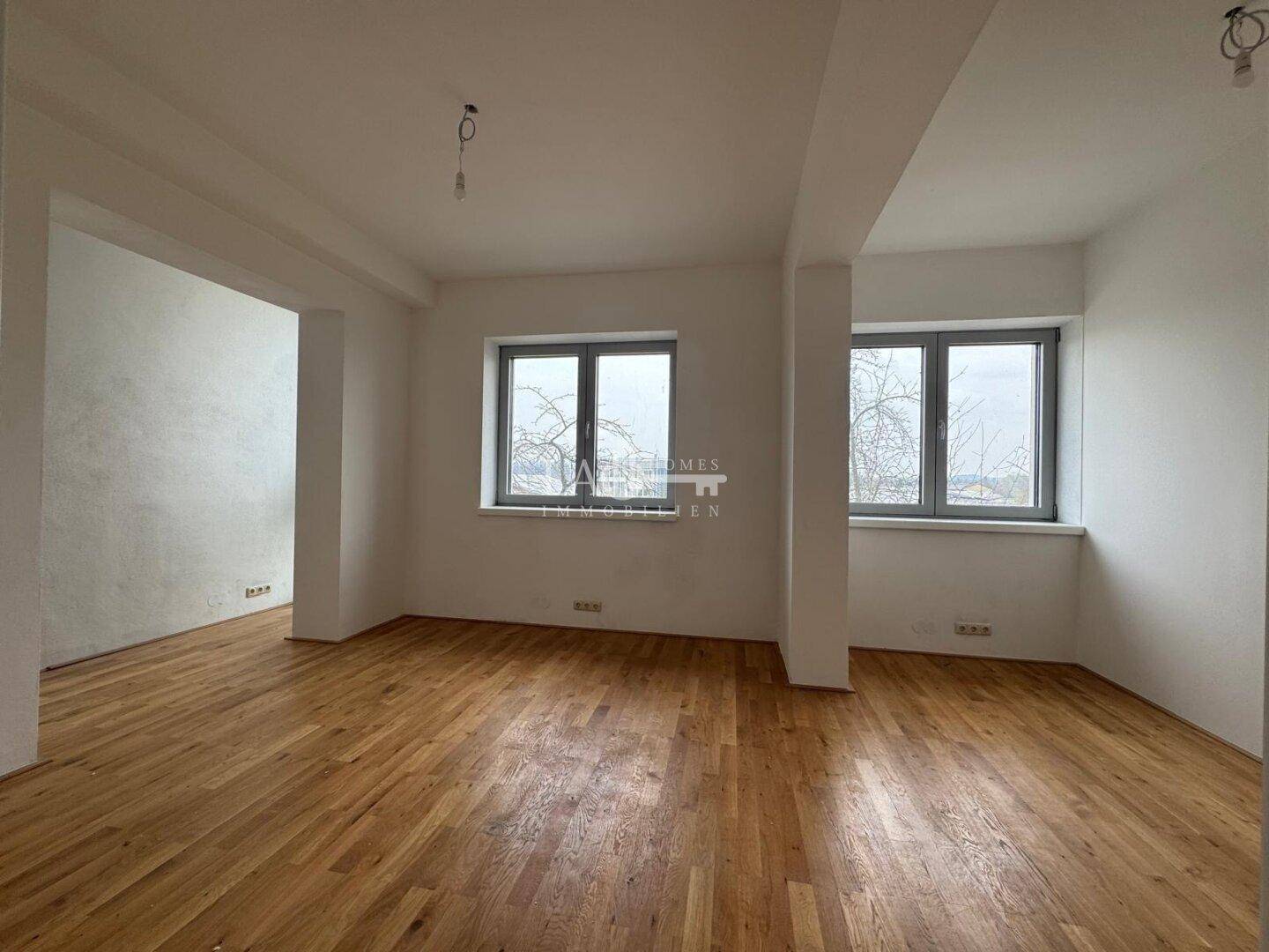 Ein weiterer Bereich des Wohnzimmers mit Holzboden und zwei Fenstern, die den Raum mit natürlichem Licht versorgen.