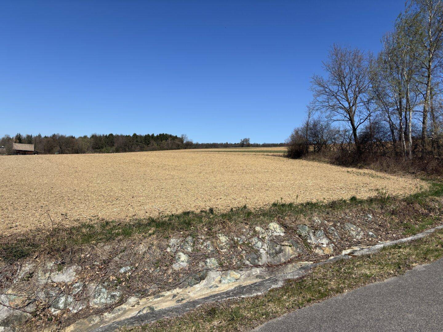 Weitläufiges Feld mit einer Straße, Bäumen am Horizont und einer Steinmauer im Vordergrund.