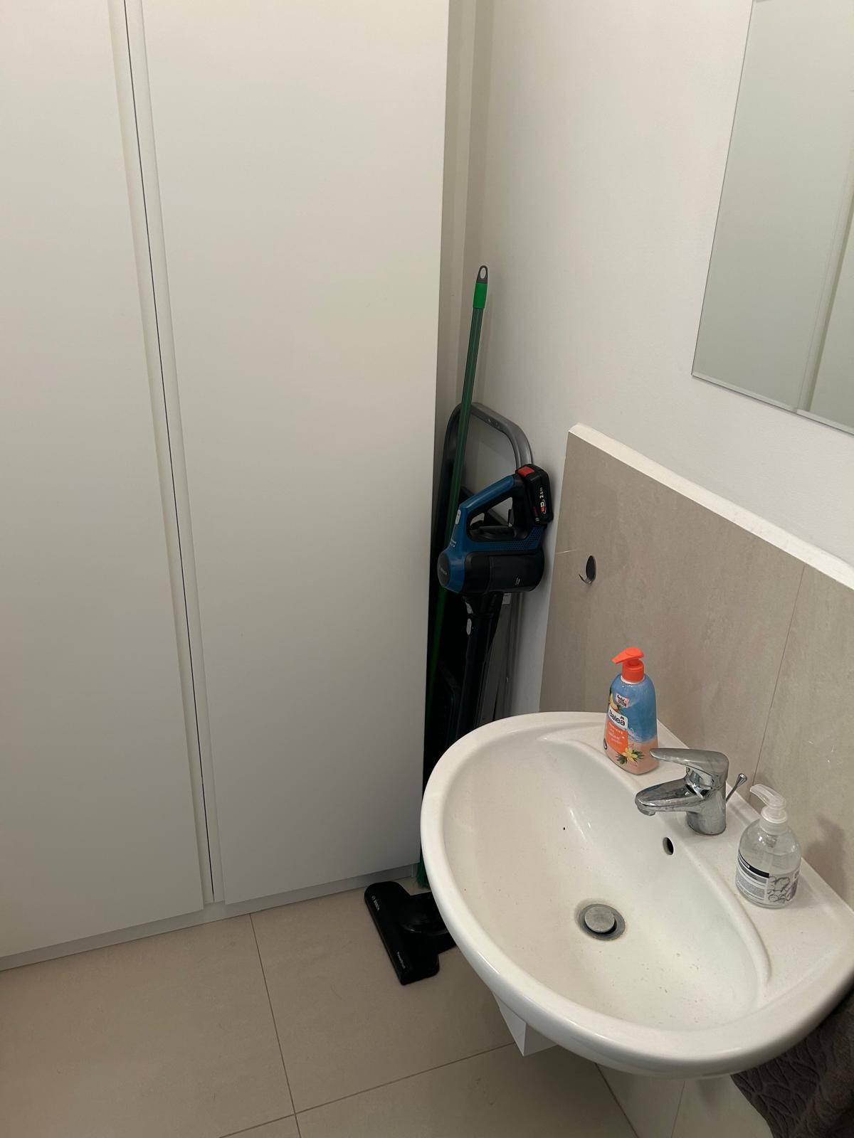 Badezimmer mit Waschbecken, Spiegelschrank und integrierten weißen Schränken für zusätzlichen Stauraum.
