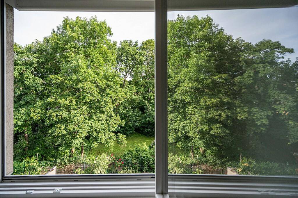 Große Fenster bieten einen weiten Blick auf die grüne Umgebung und die umliegenden Bäume.
