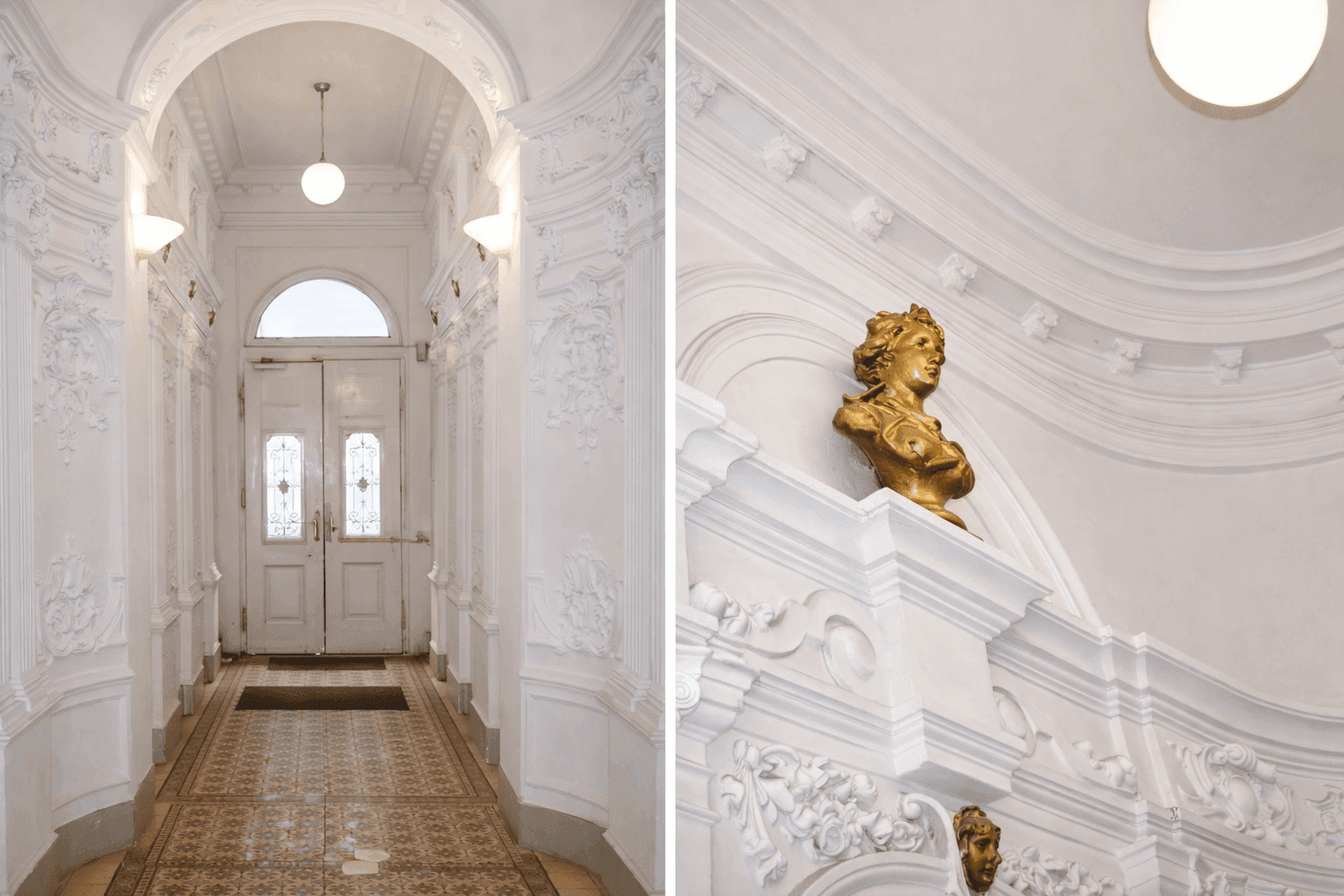 Prächtiger Eingangsbereich mit aufwendigem Stuckdekor, hohen Decken und historischen Fliesen.