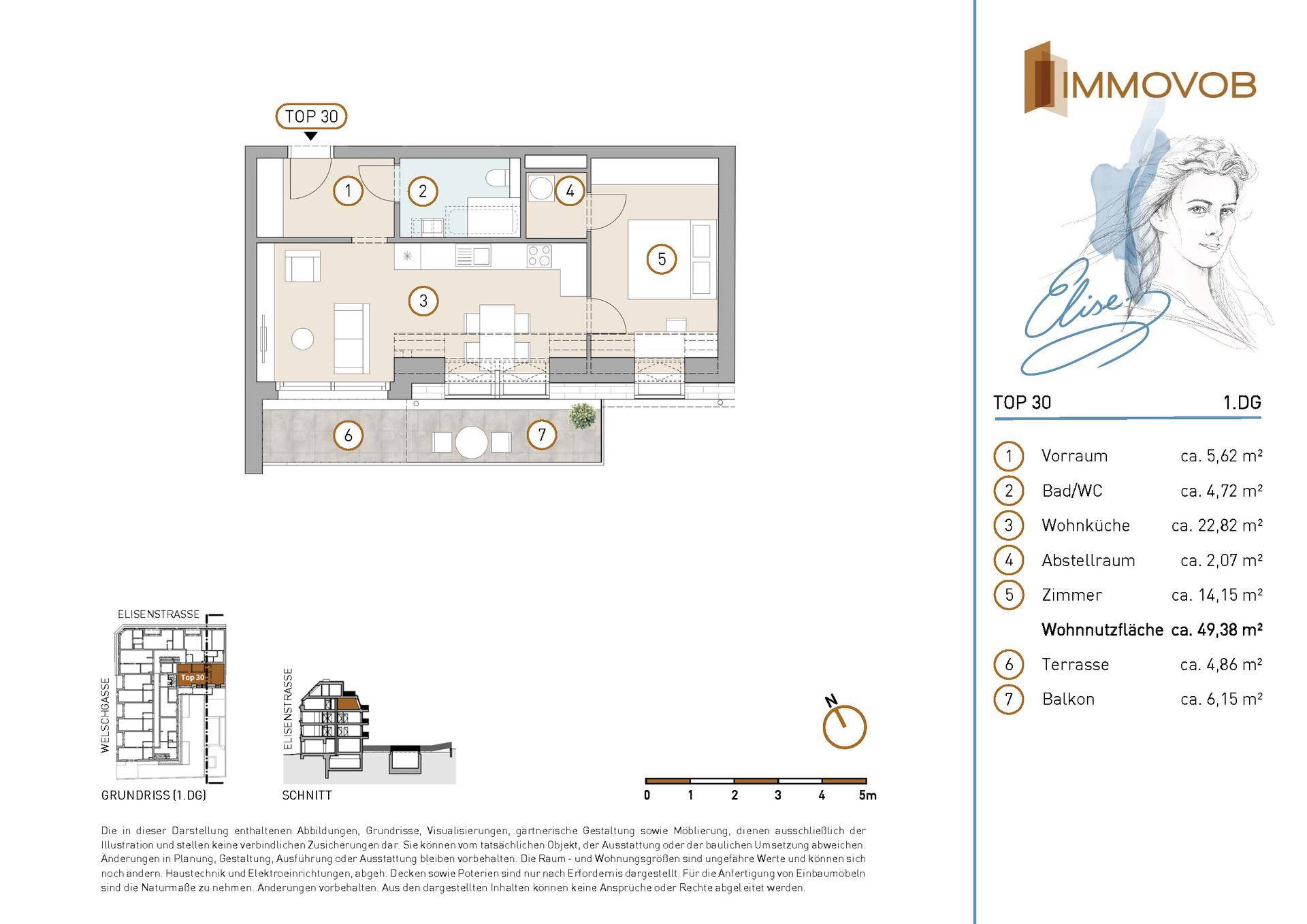 Detaillierter Grundriss einer Wohnung mit offenem Wohnbereich, Schlafzimmer, Bad, Terrasse und Balkon.