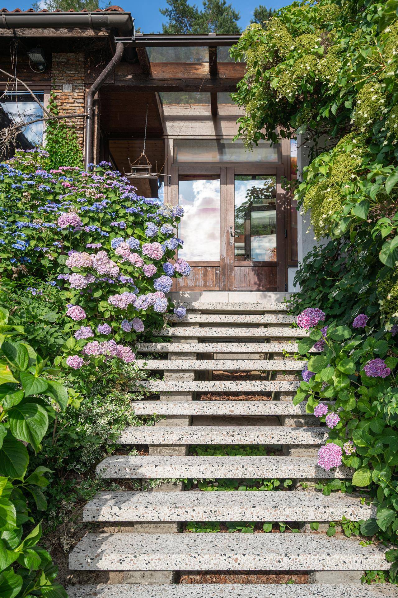 Steintreppe führt zum Eingang, umgeben von blühenden Hortensien und grüner Vegetation.