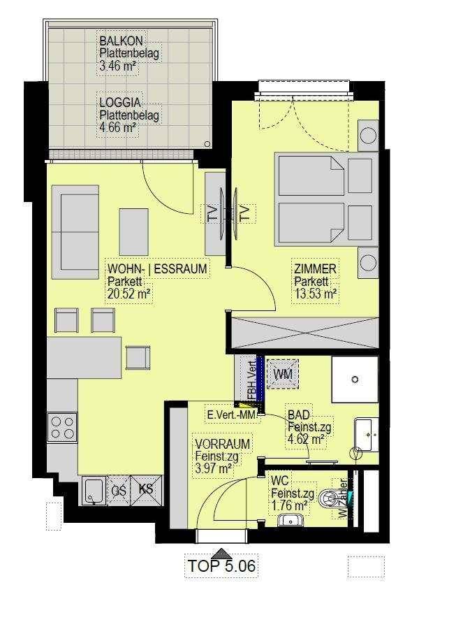 Grundriss einer Wohnung mit offenem Wohn-Essbereich, Schlafzimmer, Bad, separatem WC, Vorraum, Balkon und Loggia.
