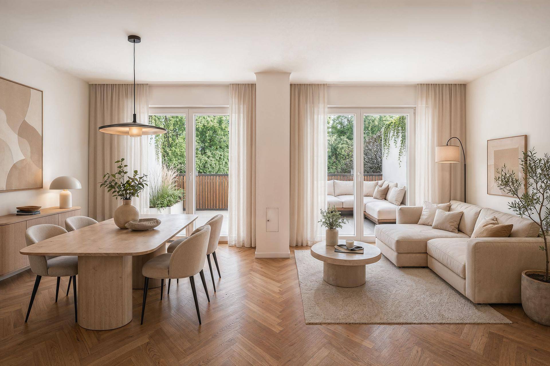 Heller, offener Wohn- und Essbereich mit modernem Design, Parkettboden und Zugang zur Terrasse.
