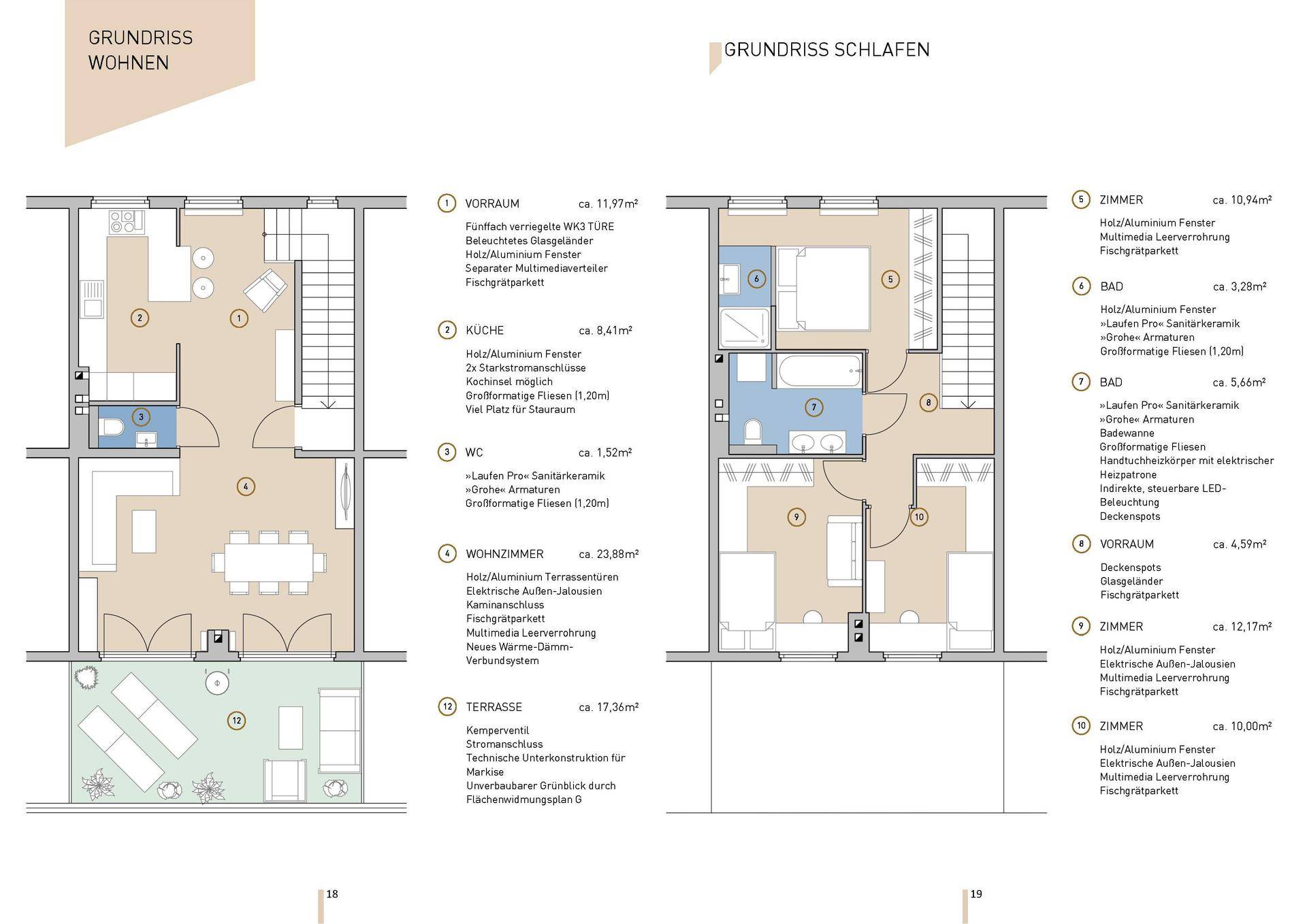 Grundriss für Wohn- und Schlafbereiche mit detaillierter Raumaufteilung und Terrassenzugang.