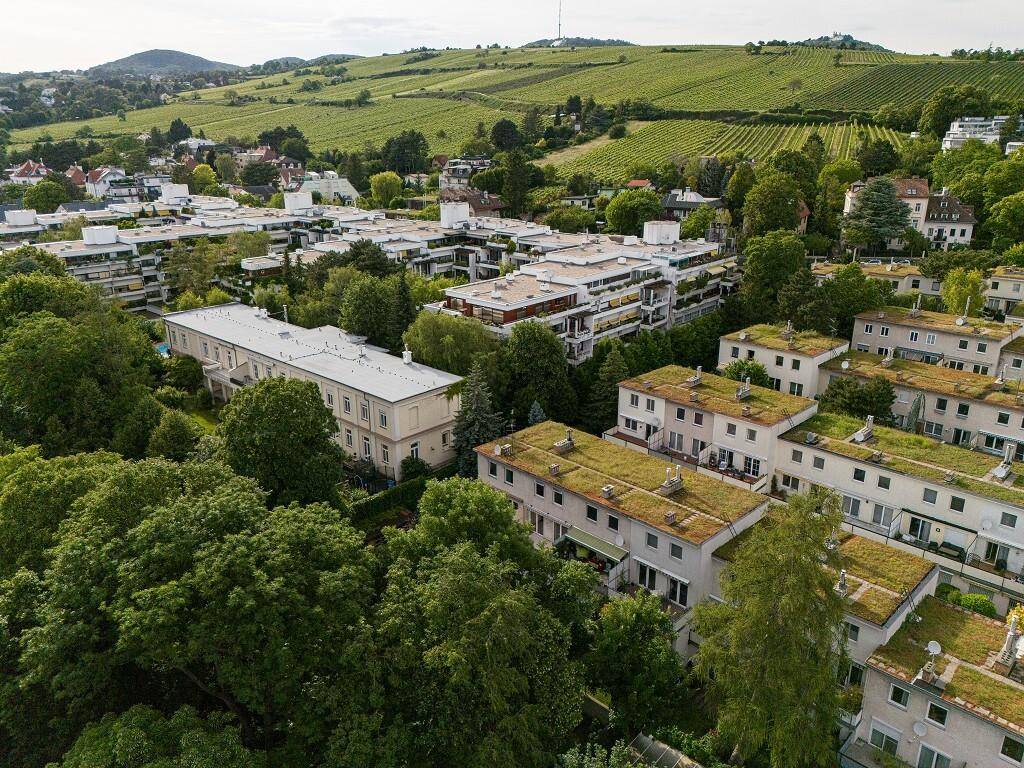 Luftaufnahme einer Wohnsiedlung mit viel Grün, Weinbergen und hügeliger Landschaft im Hintergrund.