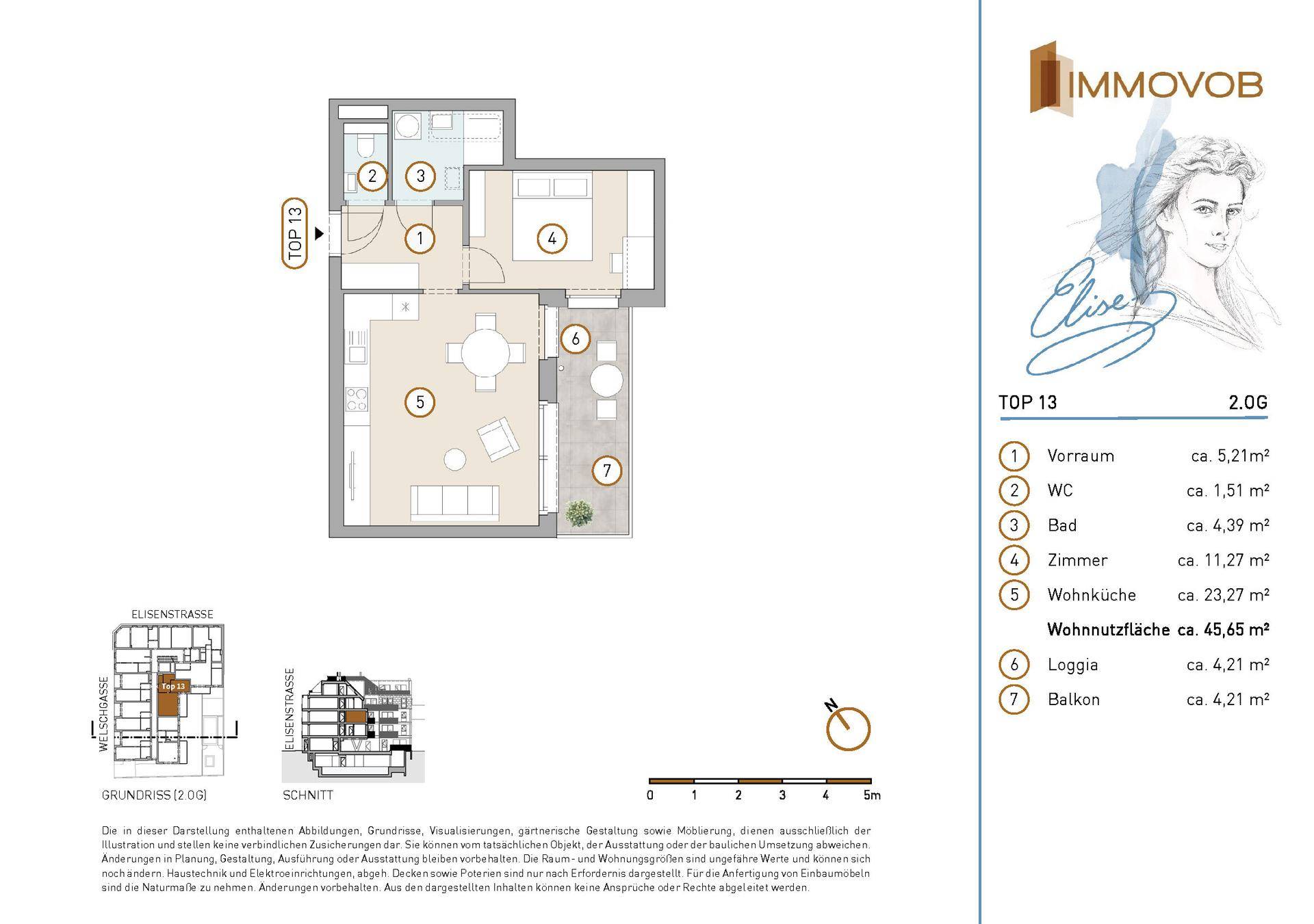 Grundriss der Wohnung TOP 13 mit einem Schlafzimmer, Wohnküche, Loggia und Balkon.