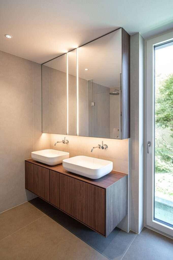 Modernes Badezimmer mit Doppelwaschbecken, großem Spiegelschrank und Fenster mit Blick ins Grüne.