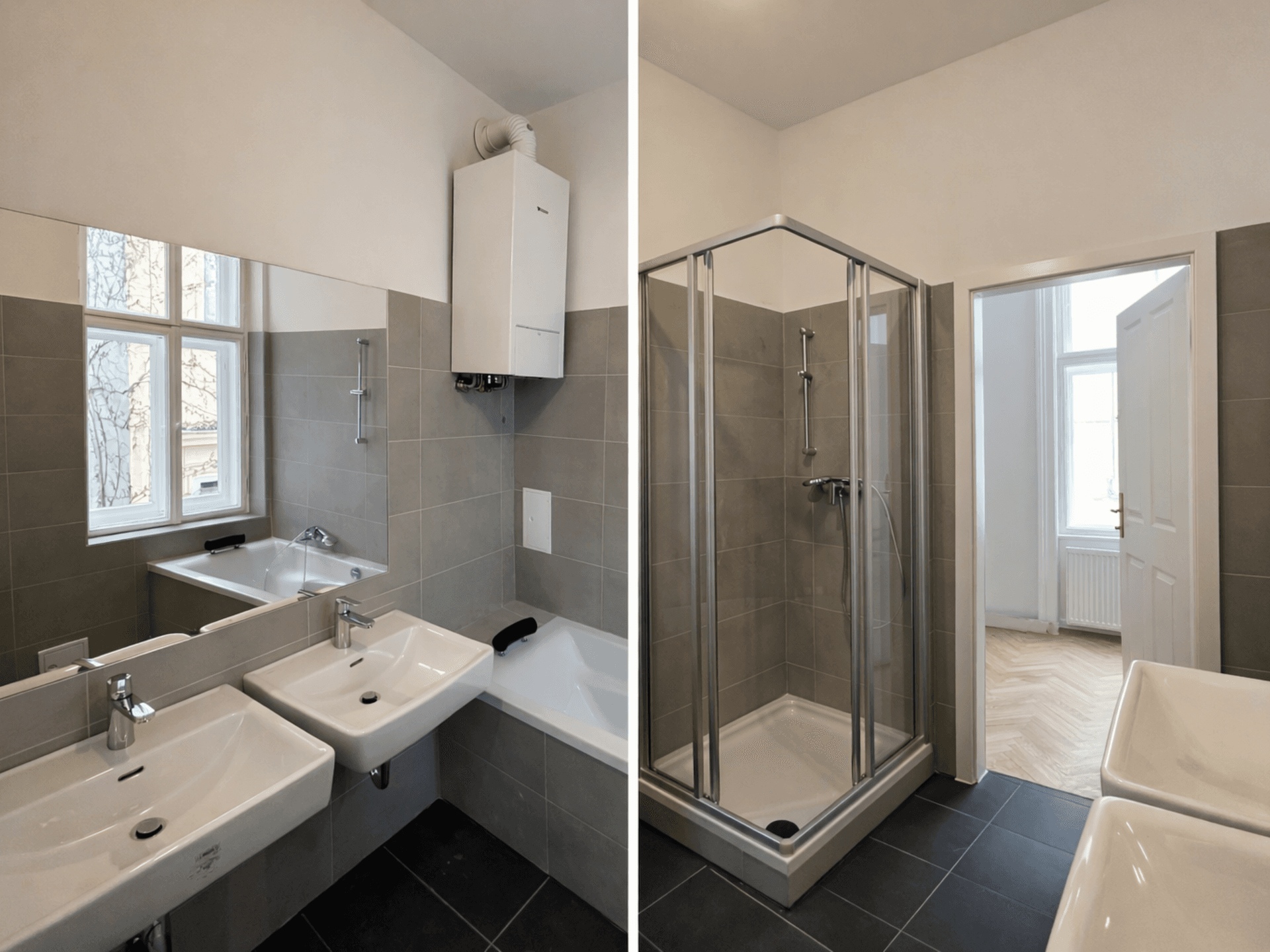 Modernes Badezimmer mit Badewanne, Duschkabine, Doppelwaschbecken und Fenster.