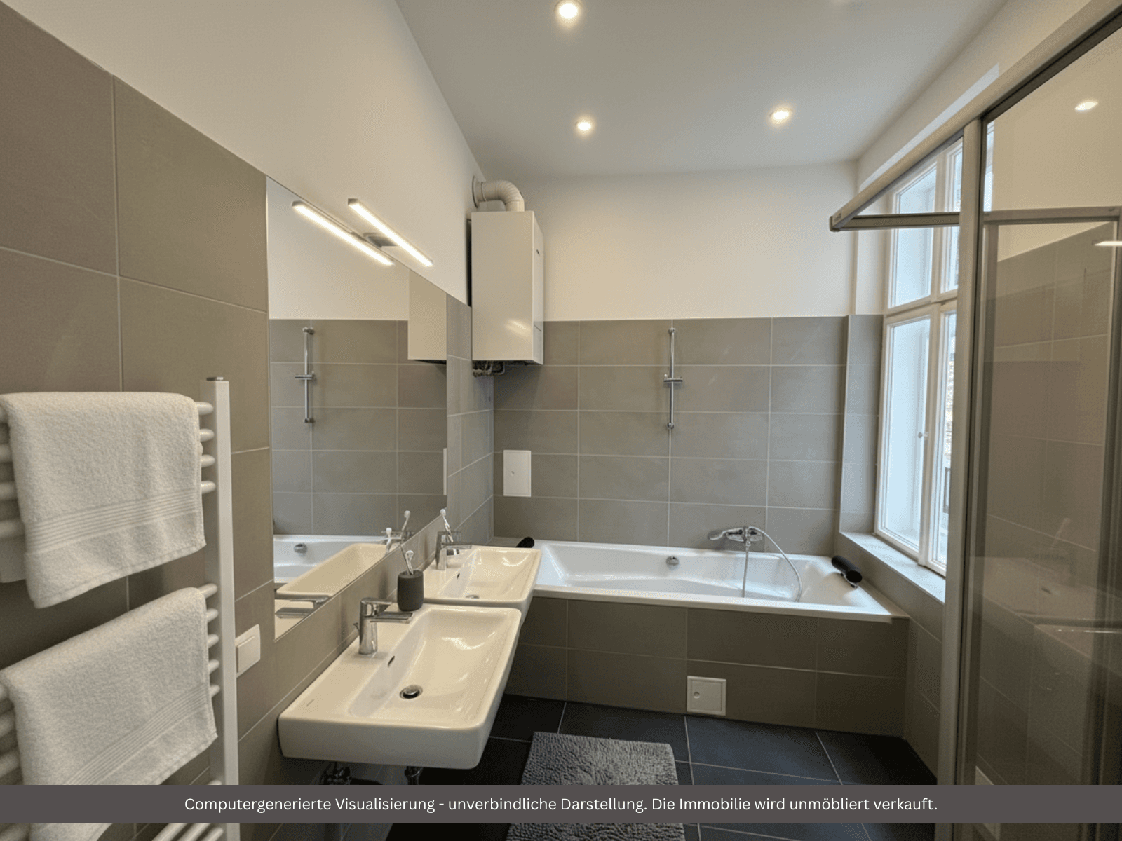 Modernes Badezimmer mit grauen Fliesen, Doppelwaschbecken, Badewanne, Dusche und Fenster.