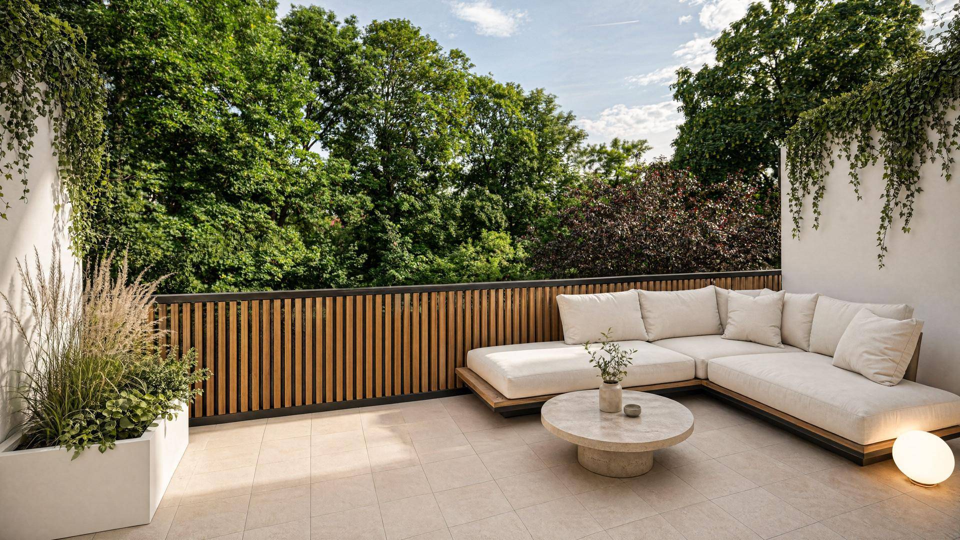 Geräumige Terrasse mit bequemen Loungemöbeln, Holzverkleidung und üppiger grüner Bepflanzung.