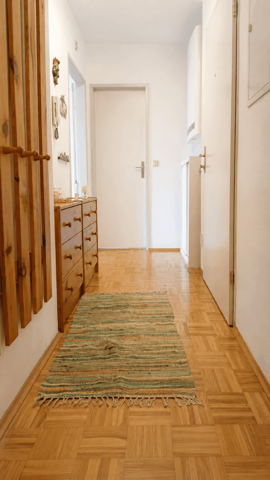 Heller Flur mit Parkettboden, Holzmöbeln und einem bunten Teppich, der zum Eingang führt.
