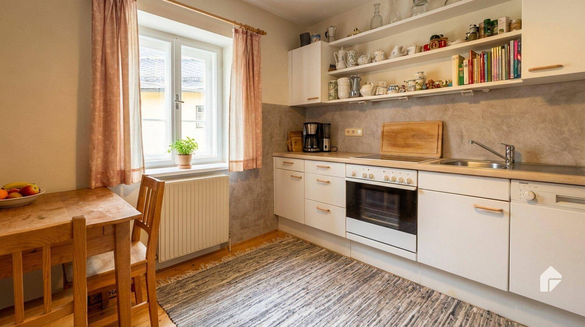 Funktionale Küche mit weißen Schränken, Esstisch und Fenster für Tageslicht.