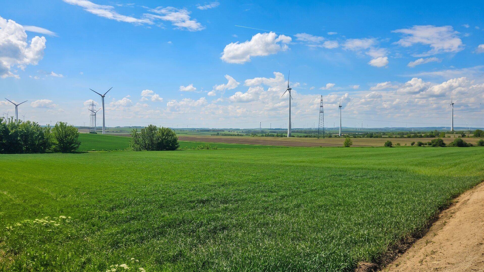 Weite grüne Felder unter blauem Himmel mit Windrädern in der Ferne und einem Feldweg.