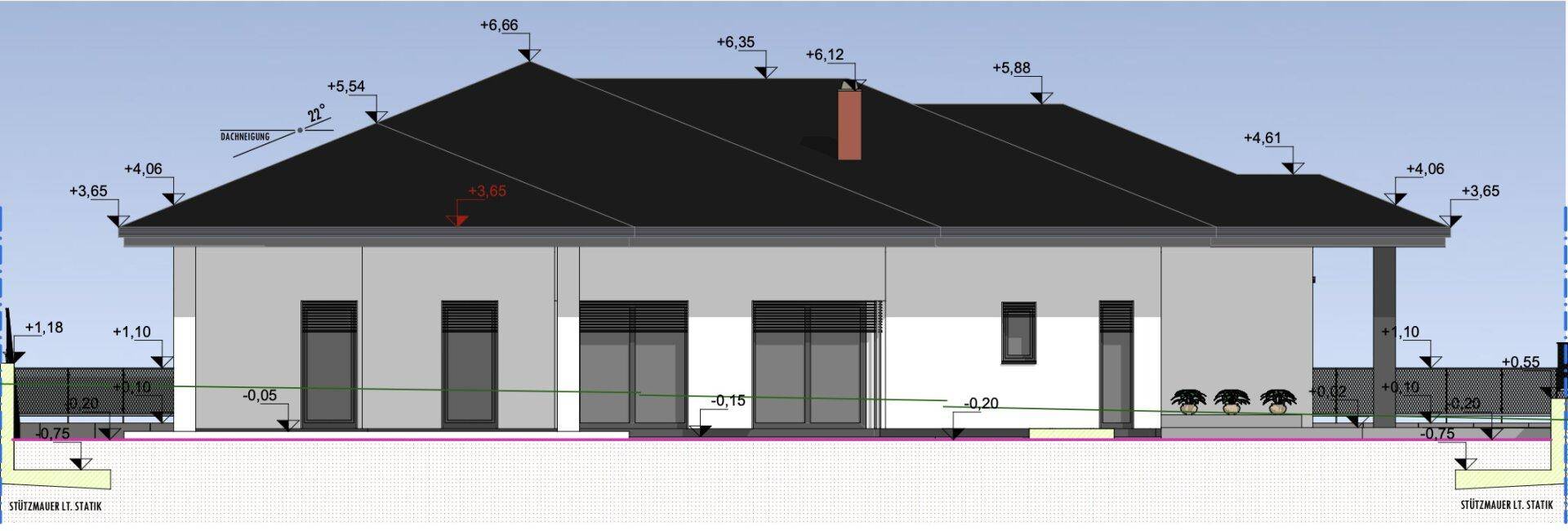 Architektonische Rückansicht des Hauses mit Fensterfronten und detaillierten Höhenangaben.