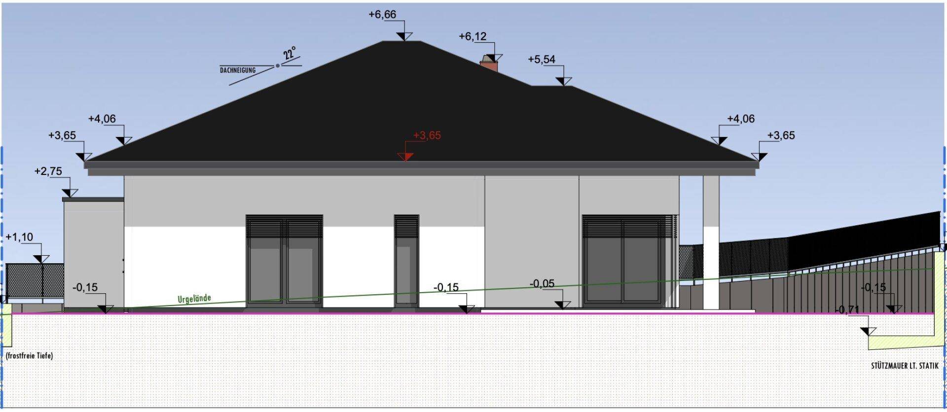 Architektonische Seitenansicht des Hauses mit Fensteröffnungen und Geländehöhen.
