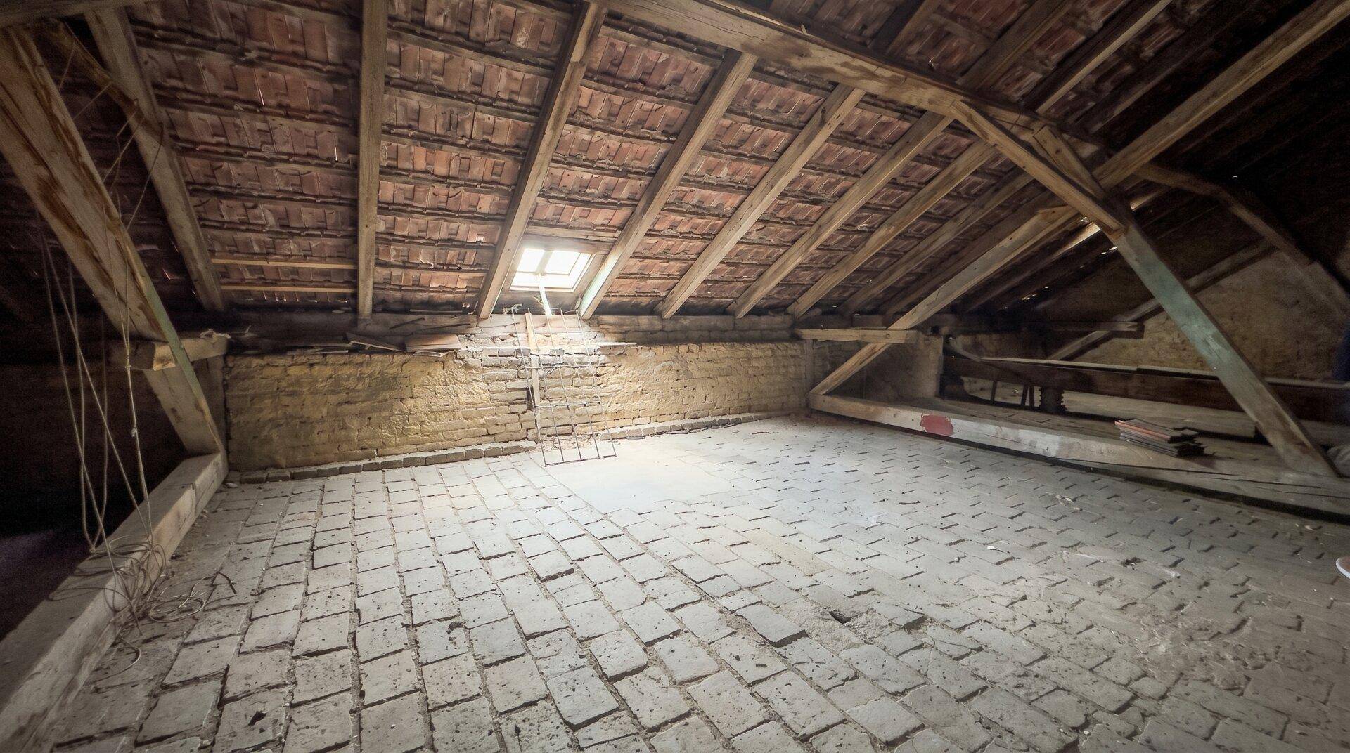 Unausgebauter Dachboden mit sichtbaren Holzbalken und Dachziegeln, ideal für Ausbau.