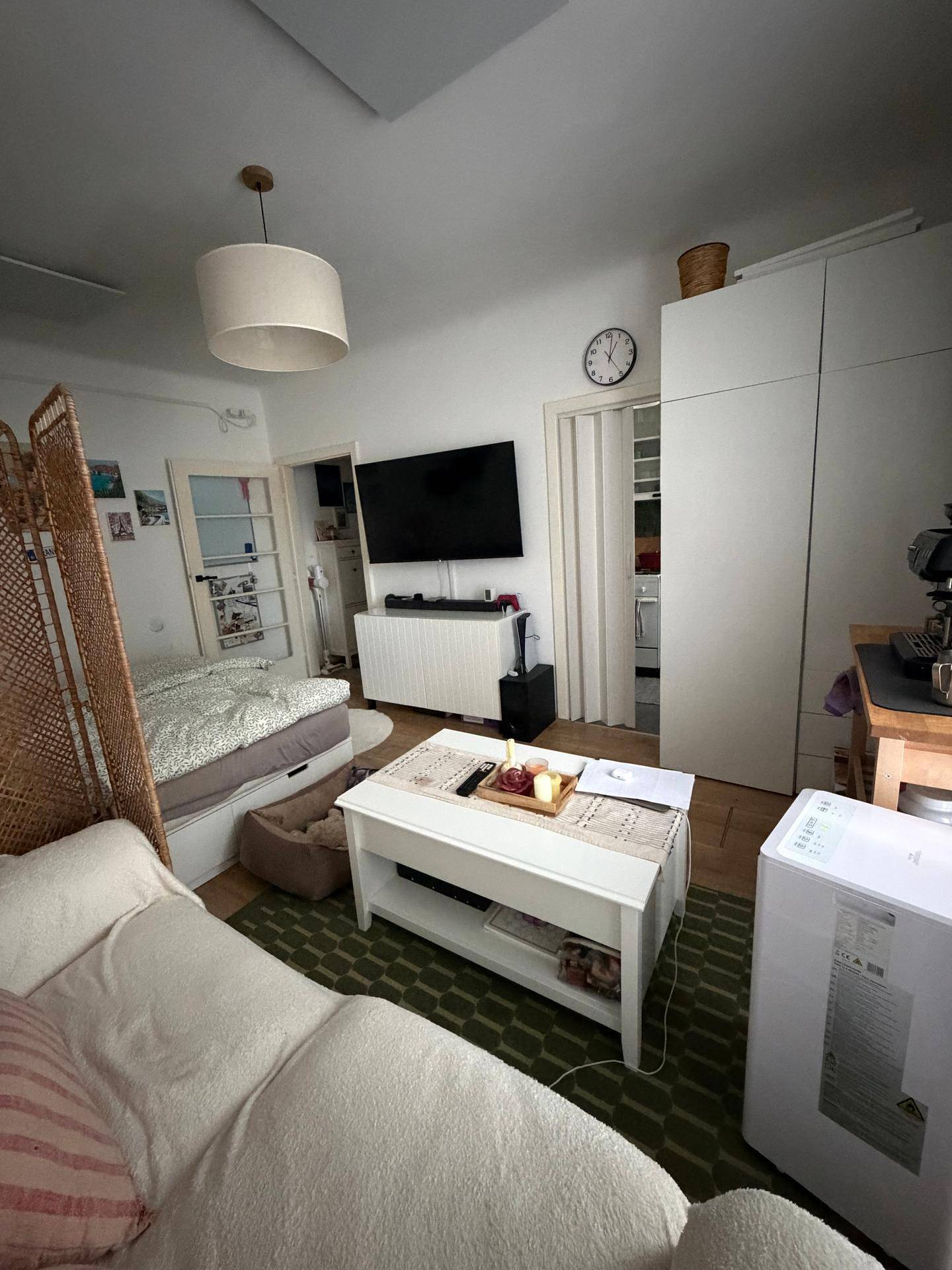 Kombinierter Wohn- und Schlafbereich mit Bett, Fernseher und Couchtisch, offen gestaltet.