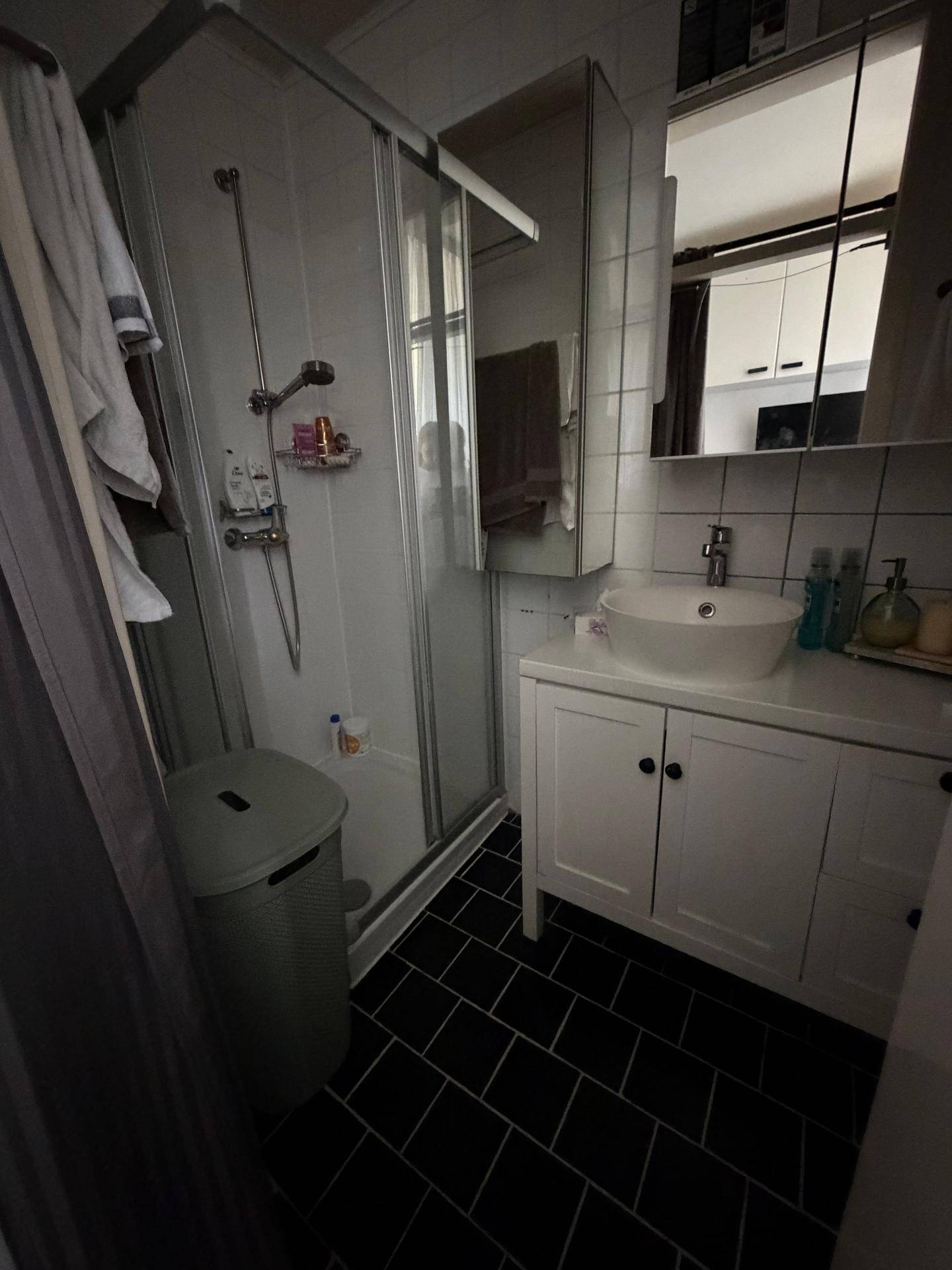 Modernes Badezimmer mit Duschkabine, Waschbeckenunterschrank und Spiegelschrank.