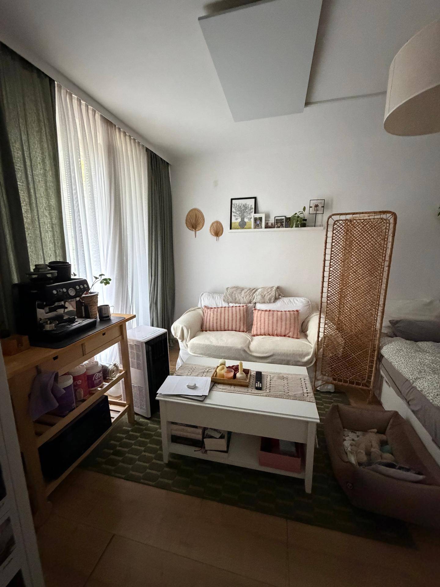 Gemütliches Wohnzimmer mit Sofa, Couchtisch und angrenzendem Schlafbereich, hell beleuchtet.