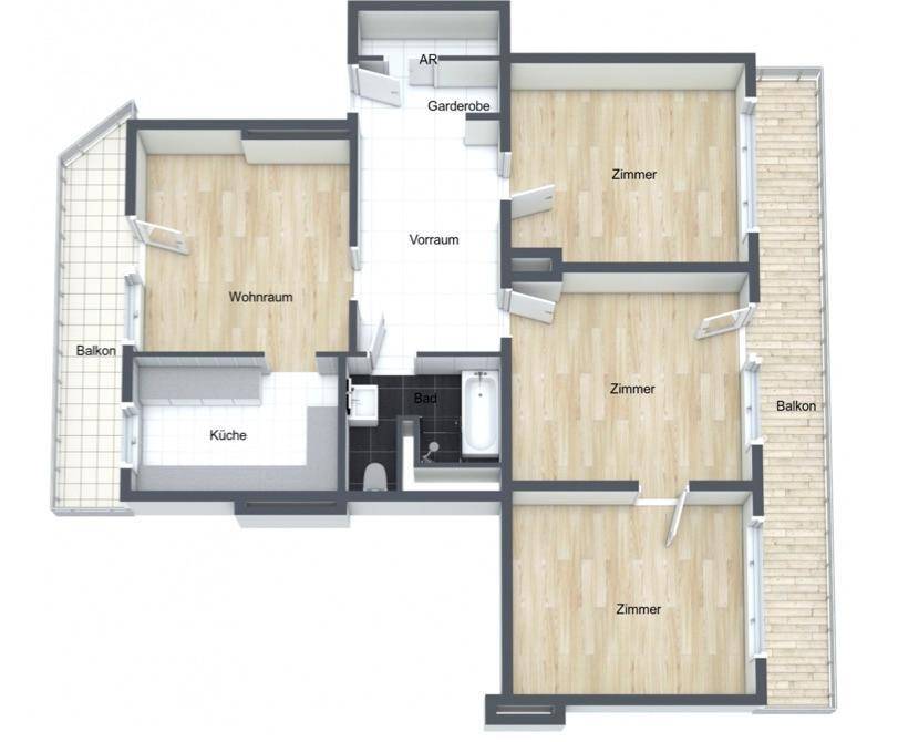 Grundriss einer Wohnung mit drei Zimmern, Wohnraum, Küche und zwei Balkonen.