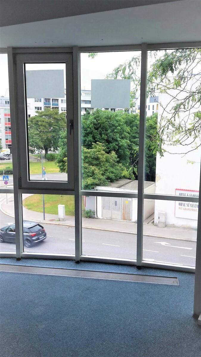 Blick aus einem Bürofenster auf eine Straße mit Bäumen und umliegenden Gebäuden.