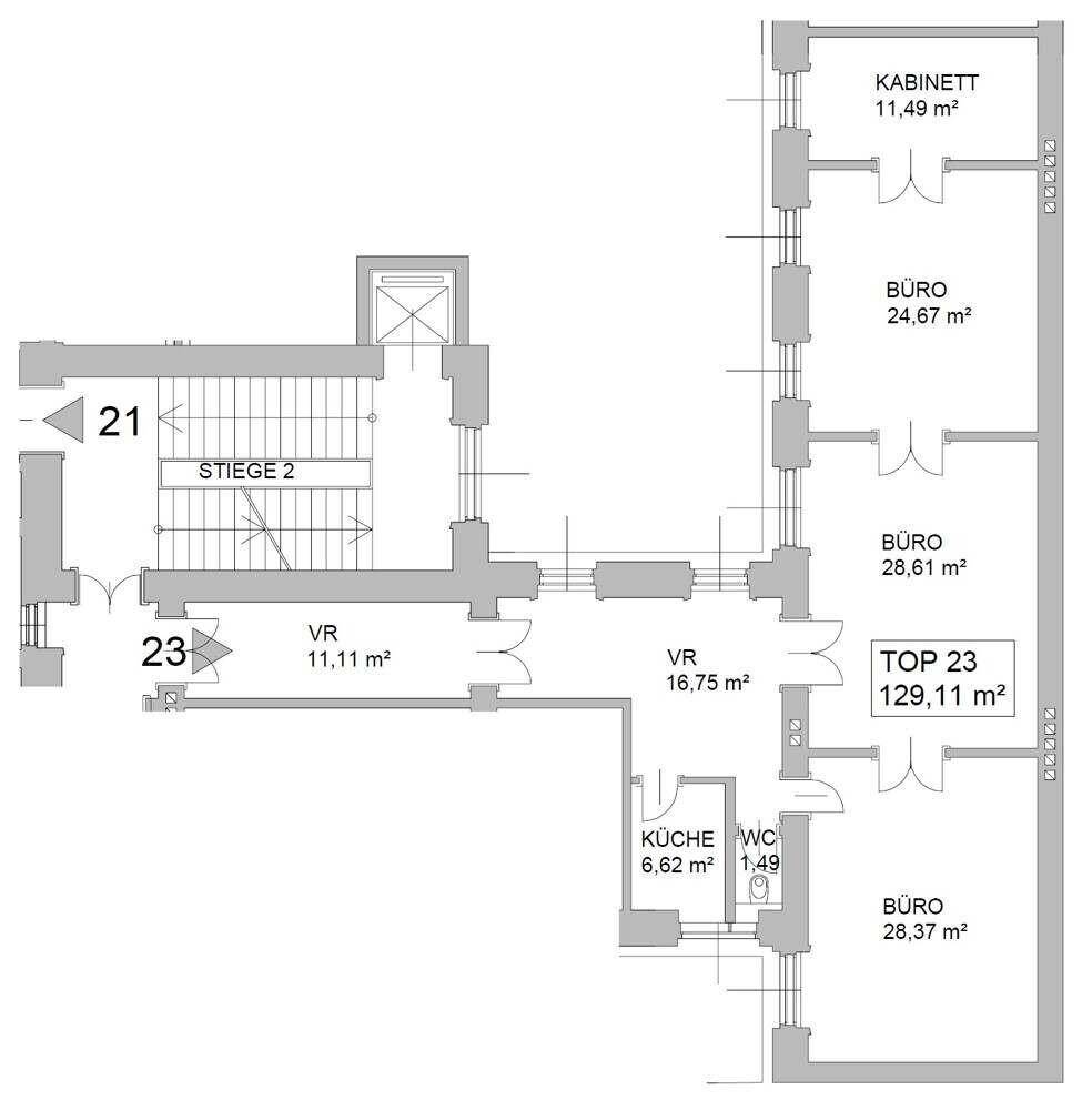 Grundriss einer Wohnung mit mehreren Büroräumen, einer kleinen Küche, WC und Treppenhauszugang.