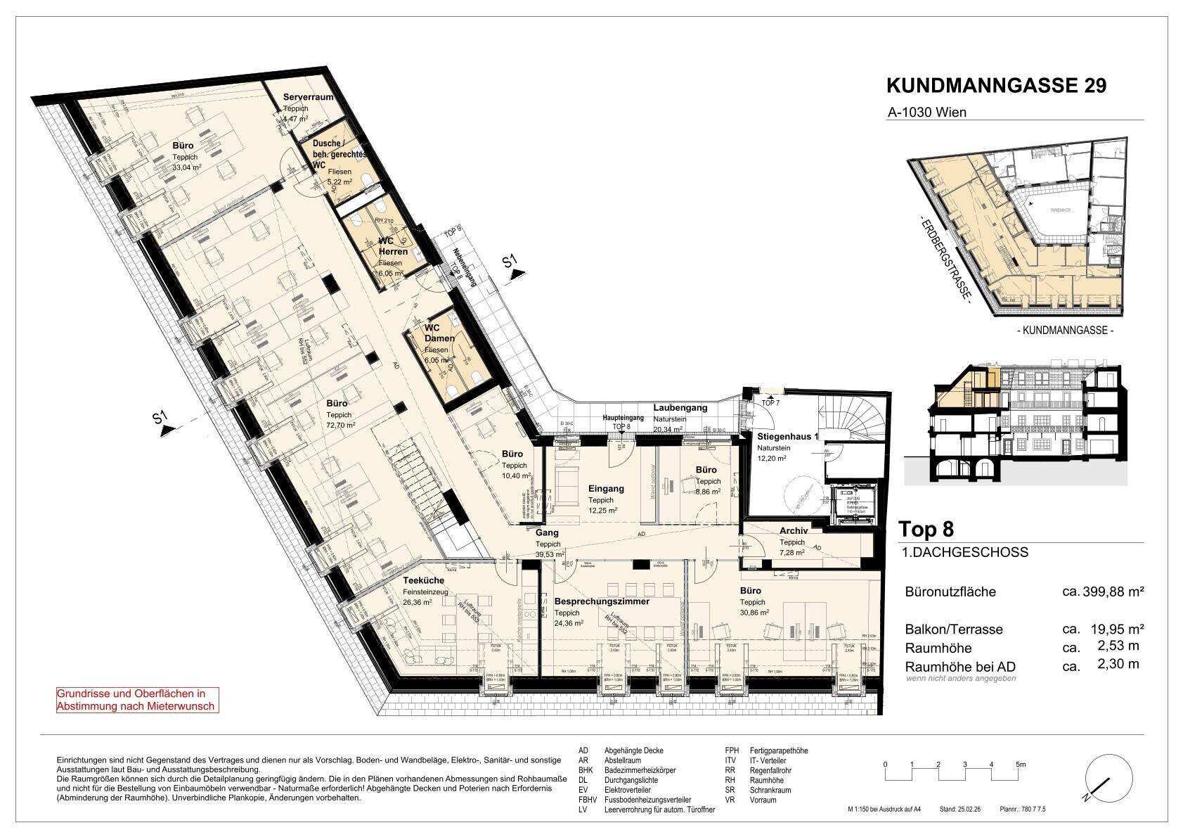 Grundriss des ersten Dachgeschosses mit Büroräumen, Teeküche und Besprechungszimmer, inklusive Balkon und Treppenhaus.