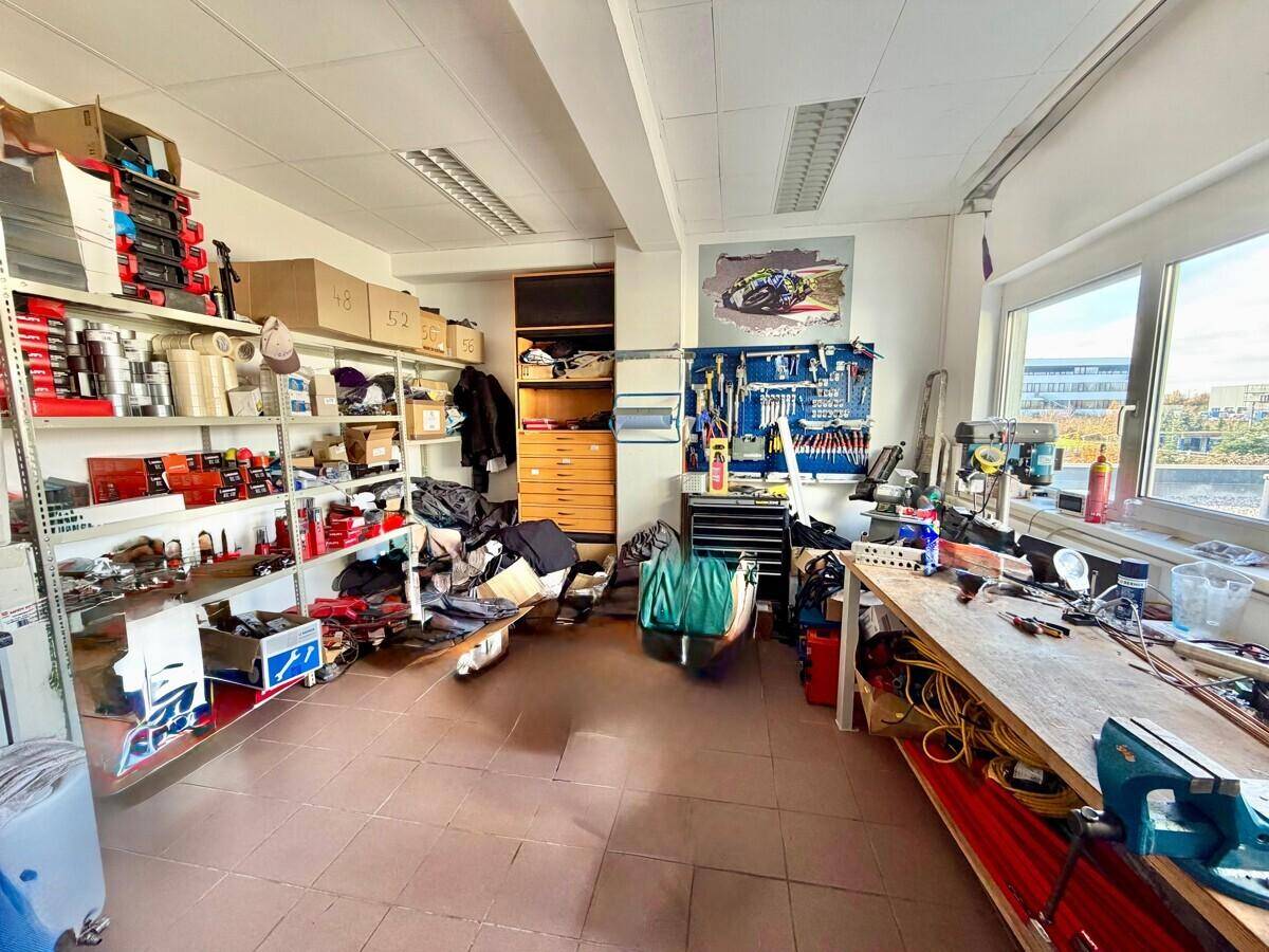 Werkstattraum mit Regalen voller Materialien, einer Werkbank mit Werkzeugen und einem Fenster für Tageslicht.