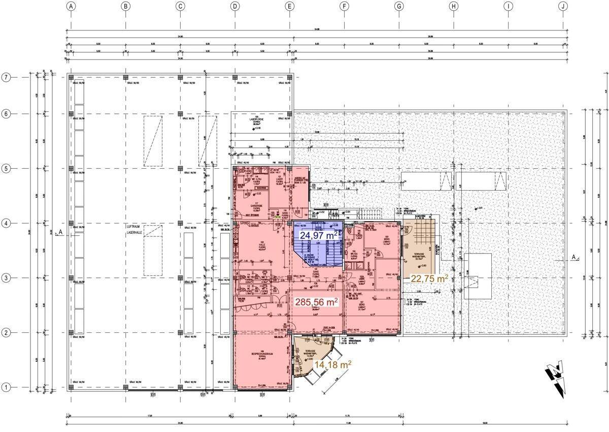 Detaillierter Grundriss eines Gebäudeteils mit farblich markierten Bereichen und Flächenangaben in Quadratmetern.
