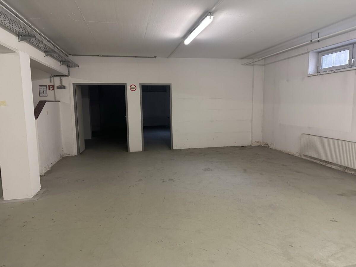 Kellerraum mit Betonboden, zwei Türen und einem Fenster für Belüftung und Tageslicht, geeignet für Lagerzwecke.