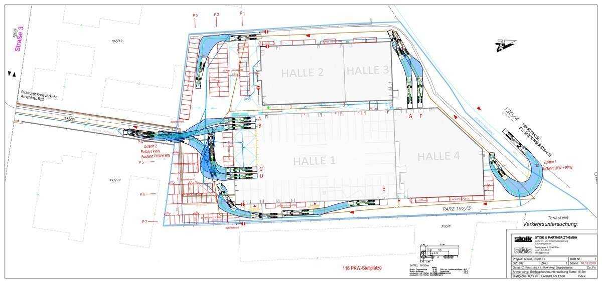 Übersichtsplan des Grundstücks mit vier Hallen und eingezeichneten Verkehrswegen.