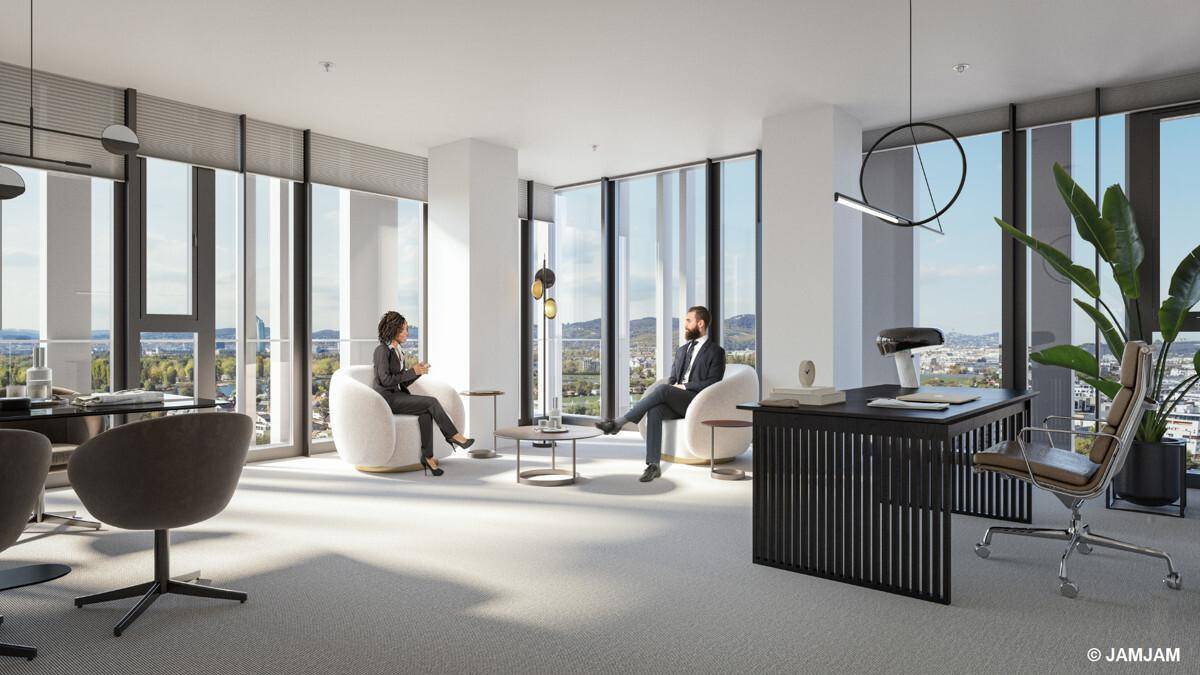 Helles, modernes Büro mit großen Fenstern, die einen weiten Blick über die Stadt und die Landschaft bieten.
