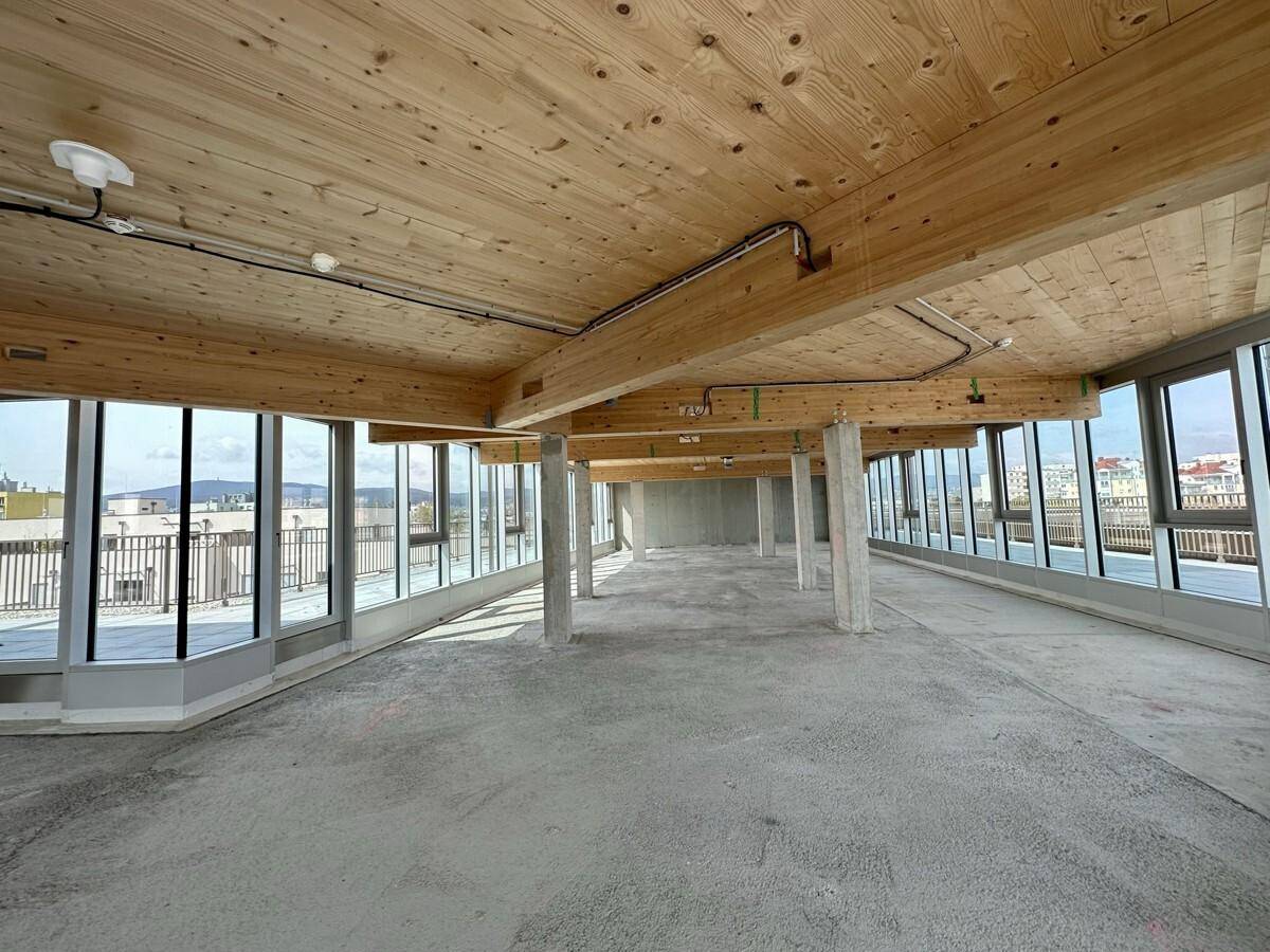 Geräumiger Gewerberaum im Rohbau mit sichtbaren Holzdeckenbalken, Betonstützen und umlaufender Fensterfront.