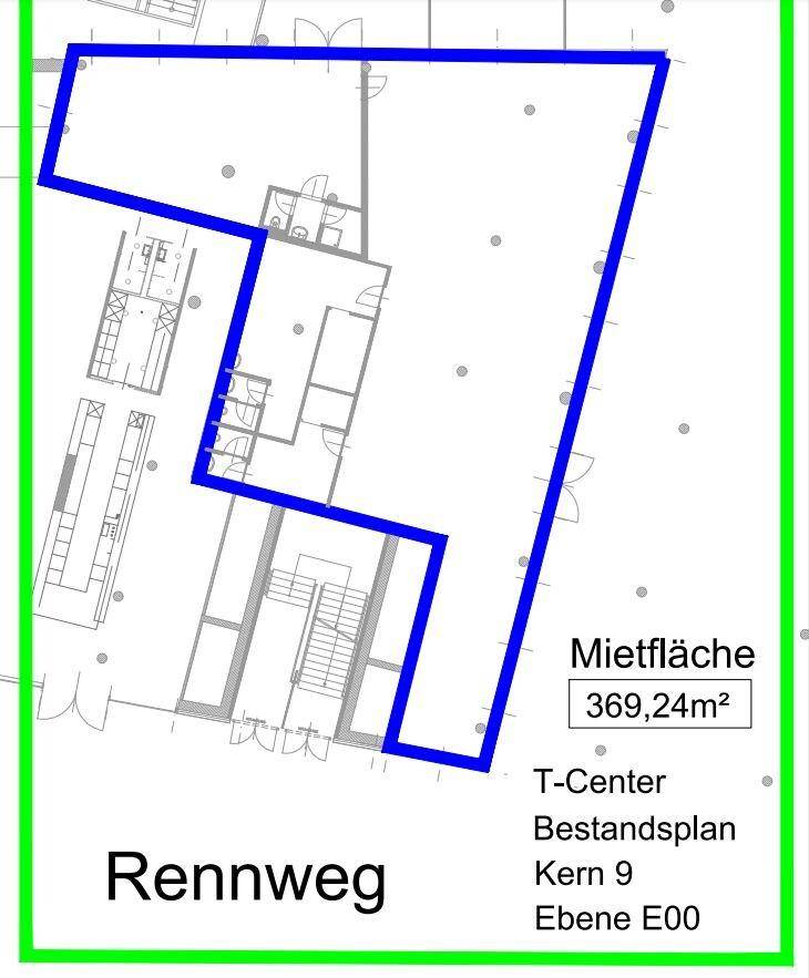 Grundrissplan einer Gewerbefläche von 369,24m² im T-Center, Kern 9, Ebene E00.