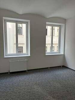 Leerer Raum mit grauen Teppichboden, weißen Wänden und zwei Fenstern, die Tageslicht hereinlassen.