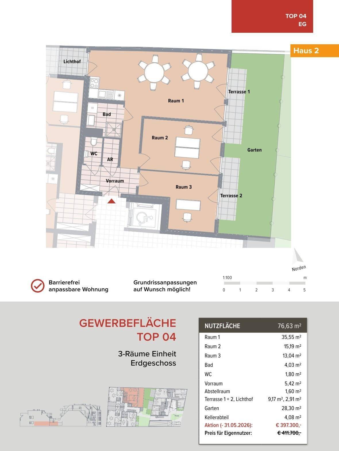 Detaillierter Grundriss der Gewerbefläche TOP 04 im Erdgeschoss mit Terrassen und einem Gartenbereich.