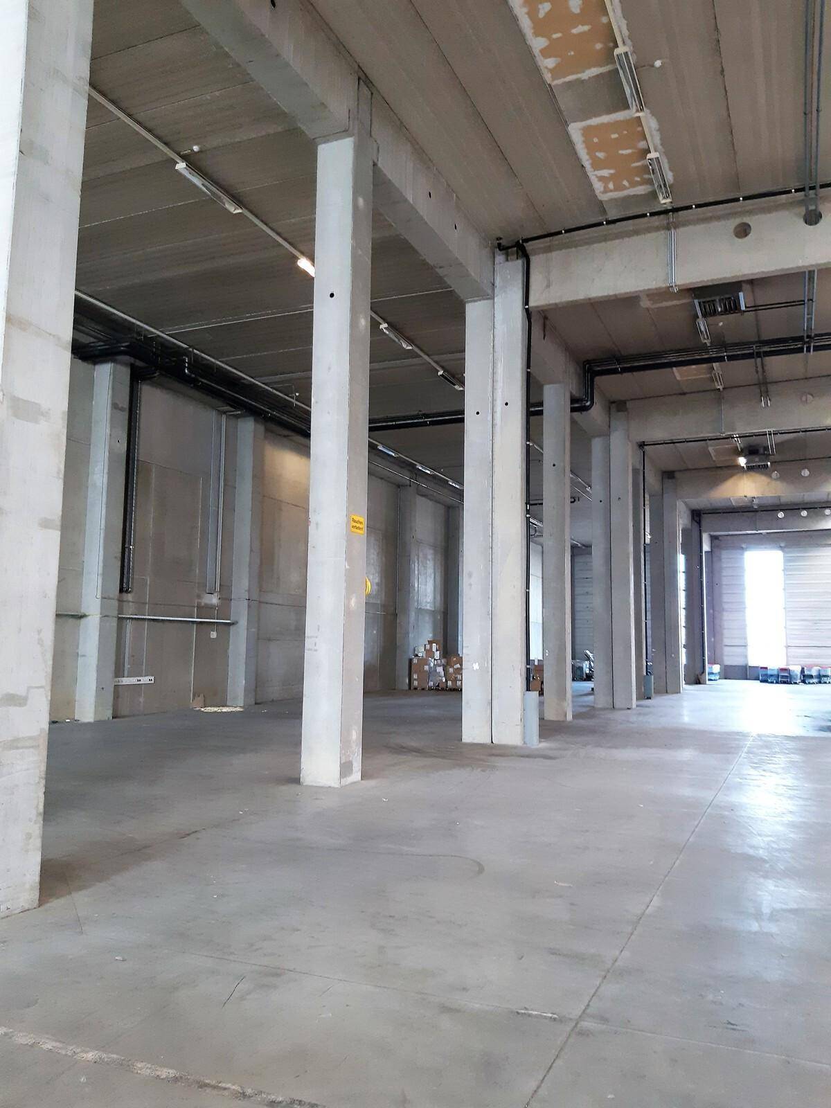 Geräumige Lagerhalle mit hohen Decken, Betonpfeilern und Industrieboden, bereit zur Nutzung.
